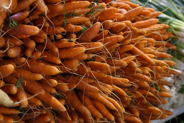 Biologic, natural cultivated juicy carrots on a market counter.