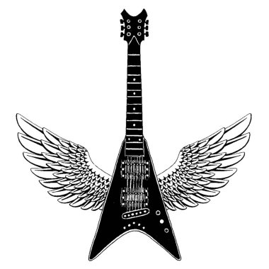 Güzel gitar. Rock Müzik Festivali için amblemi. Ağır metal konseri. T-shirt baskı, poster. Müzik aleti. Rozet, logosu sanat