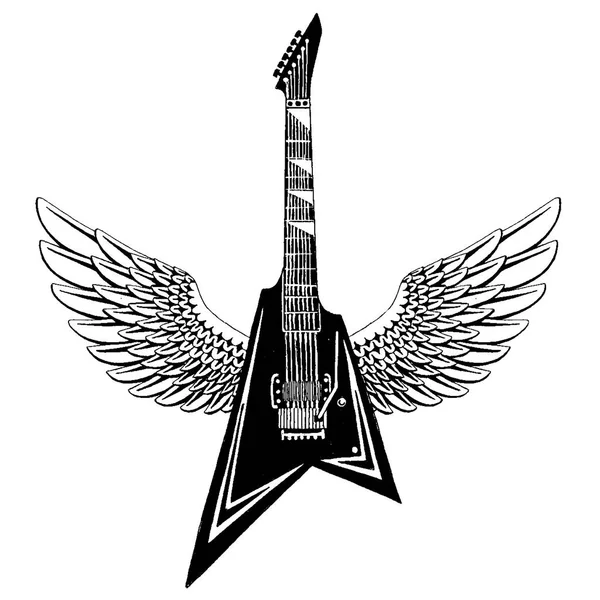 Cool guitar. Rock emblem for music festival. Heavy metall concert. T-shirt print, poster. Musical instrument. Badge, logo art — Stock Photo, Image