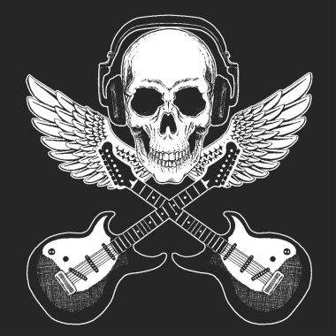 Rock müzik festivali. Poster, afiş, tişört için kafatası ve kulaklık olan havalı bir baskı. Gitarlar, kanatlar