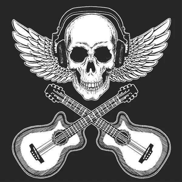 Festival de música rock. Estampado fresco con cráneo y auriculares para póster, pancarta, camiseta. Guitarras, alas — Vector de stock