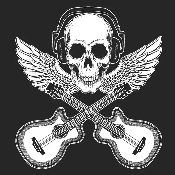 Festival de música rock. Estampado fresco con cráneo y auriculares para póster, pancarta, camiseta. Guitarras, alas — Vector de stock