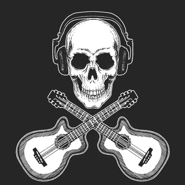 Rock music festival. Cool print with skull and headphones for poster, banner, t-shirt. Guitars — Stock Vector
