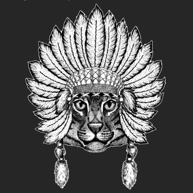 Vahşi kedi balıkçı kedi geleneksel etnik Hint boho headdress kabile şaman şapka tören öğesi