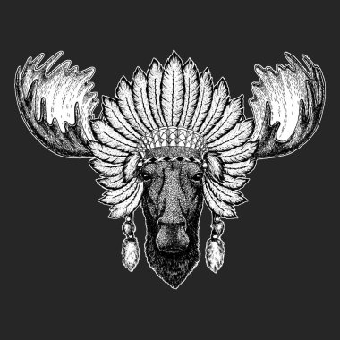 Moose, elk geleneksel etnik Hint boho headdress kabile şaman tören öğe şapka.