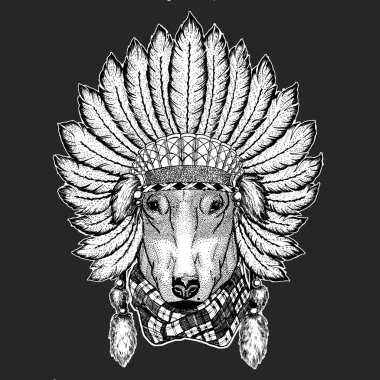 Köpek t-shirt tasarım geleneksel etnik Hint boho headdress kabile şaman şapka tören öğesi için