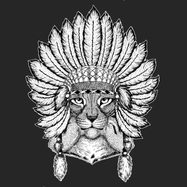 Vahşi kedi Lynx Bobcat tırıs geleneksel etnik Hint boho headdress kabile şaman şapka tören öğesi