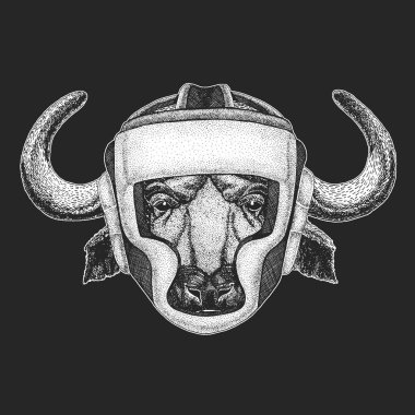 Atletik hayvan. Buffalo, boğa, boğa. Boks şampiyonu. Yazdır t-shirt, amblem, logo için. Dövüş sanatları. Avcı ile vektör çizim. Spor Yarışması.