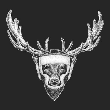 Atletik hayvan geyik boks şampiyonu. Yazdır t-shirt, amblem, logo için. Dövüş sanatları. Avcı ile vektör çizim. Spor Yarışması.