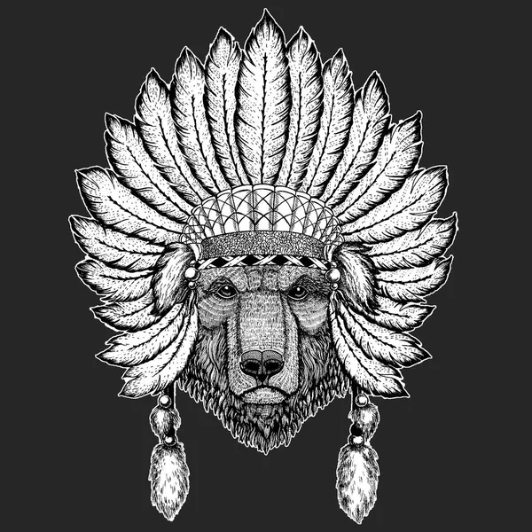 Orso bruno Orso russo Tradizionale copricapo etnico indiano boho Cappello sciamano tribale Elemento cerimoniale — Vettoriale Stock