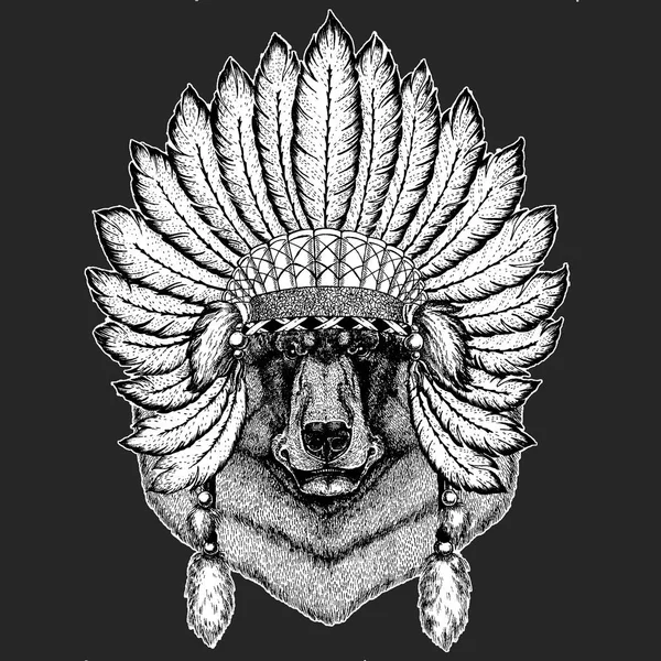Чорний ведмідь Традиційний етнічний індійський бохо головний убір Племінний шаманський капелюх Церемоніальний елемент — стоковий вектор