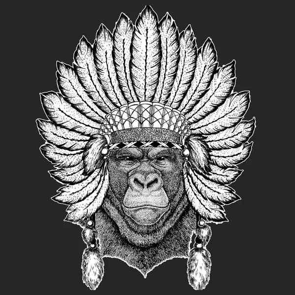 Gorilla, apa, ape hiskeliga djur traditionella etniska indiska boho huvudbonad Tribal shaman hatt ceremoniella element — Stock vektor