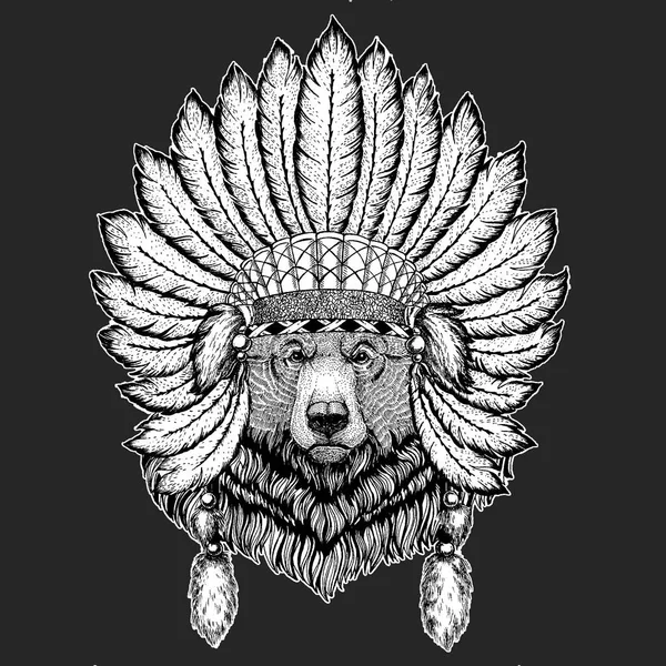 Grizzly Big wild bear Chapeau traditionnel boho ethnique indien Chapeau tribal chaman Élément cérémonial — Image vectorielle