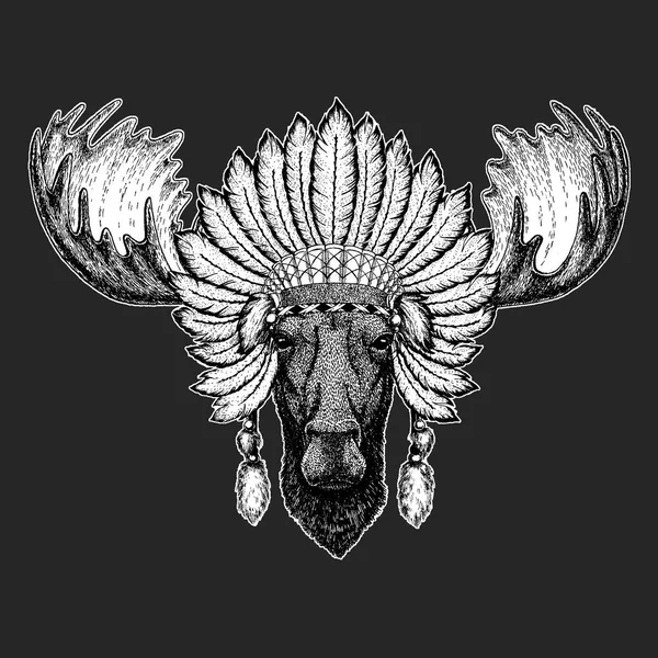 Moose, elk geleneksel etnik Hint boho headdress kabile şaman tören öğe şapka. — Stok Vektör