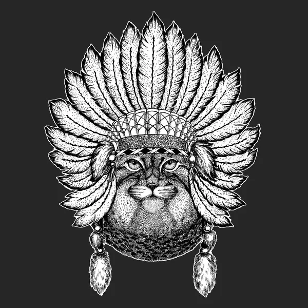 Дикая кошка Manul Традиционный этнический индийский бохо головной убор племенной шаман шляпа Церемониальный элемент — стоковый вектор