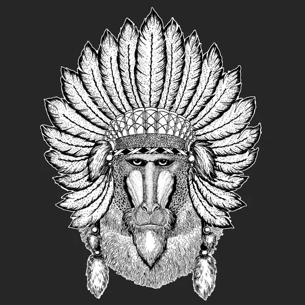 Обезьяна, бабуин, собачья обезьяна, обезьяна Традиционный этнический индийский головной убор Племенная шаманская шляпа Церемониальный элемент — стоковый вектор