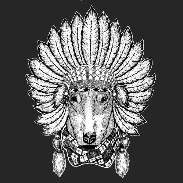 Köpek t-shirt tasarım geleneksel etnik Hint boho headdress kabile şaman şapka tören öğesi için