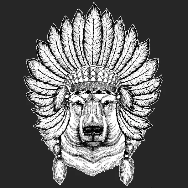 Urso polar grande, urso branco Tradicional étnico índio boho capacete Xamã tribal chapéu elemento cerimonial —  Vetores de Stock