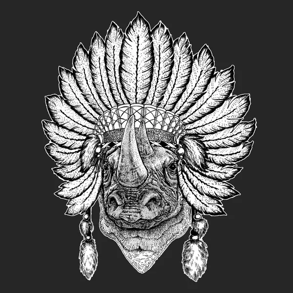 Rinoceronte, rinoceronte Tradicional etnia indígena boho capacete Xamã tribal chapéu elemento cerimonial —  Vetores de Stock
