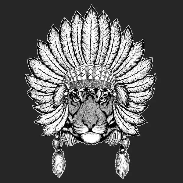 Tigre salvaje Tradicional étnico indio boho tocado Tribal chamán sombrero Elemento ceremonial — Vector de stock