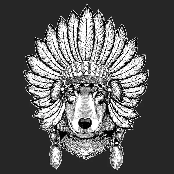 Wolf Dog tradicional etnia indígena boho cobertura para a cabeça chapéu xamã tribal elemento cerimonial —  Vetores de Stock
