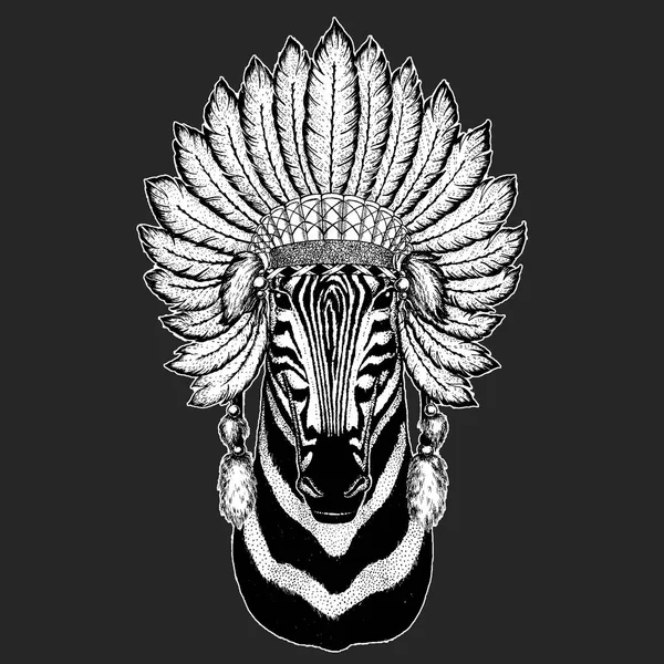 Зебра Кінь Традиційний етнічний індійський бохо головний убір Племінний шаманський капелюх Церемоніальний елемент — стоковий вектор