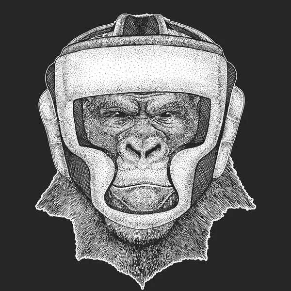 Animal atlético Gorila, mono, mono Campeón de boxeo. Impresión para camiseta, emblema, logotipo. Artes marciales. Ilustración vectorial con luchador. Competencia deportiva . — Vector de stock