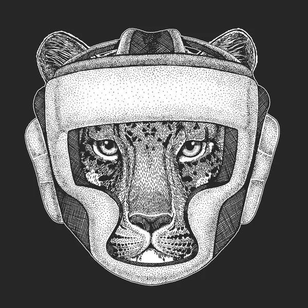 Atletische dierlijke boksen kampioen. Wild cat Luipaard Cat-o-berg Panther Print voor een t-shirt, embleem, logo. Martial arts. Vectorillustratie met vechter. Sport-competitie. — Stockvector