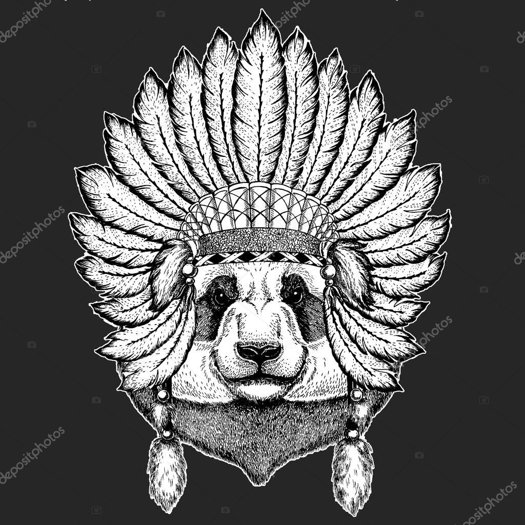 Bear, bamboo bear. Hand drawn image for tattoo, emblem, badge, logo patch t-shirt