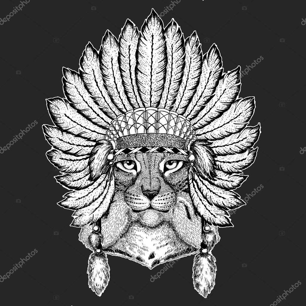 Wild cat Lynx Bobcat Trot Hand drawn image for tattoo, emblem, badge, logo, patch