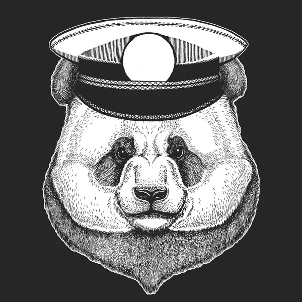 Vektorový tisk pro děti. Capitan, pirátské zvířat. Statečný námořník. Design pro školky, školy, dětské oblečení, trička. Panda bear. Bambus medvěd. — Stockový vektor