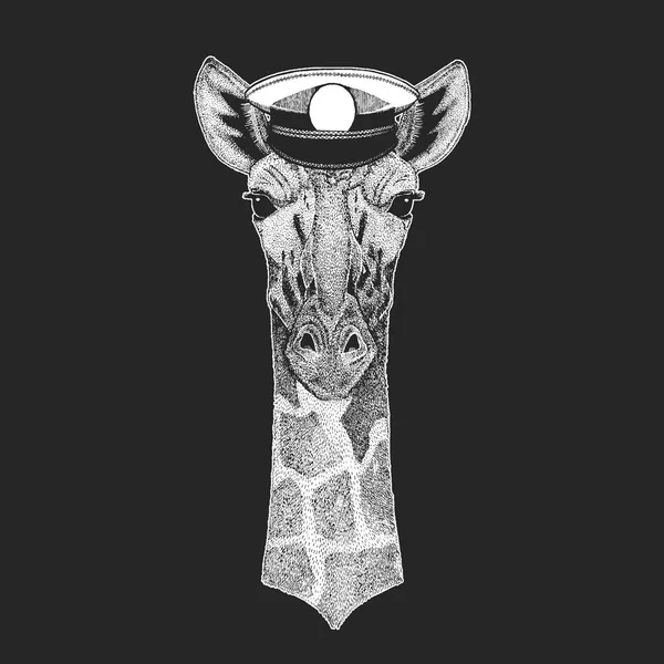 Camélope, girafe Impression vectorielle pour enfants. Capitan, animal pirate. Brave marin. Conception pour jardin d'enfants, vêtements d'écoliers, t-shirts . — Image vectorielle