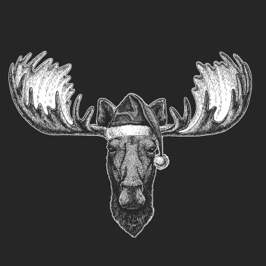 Moose, elk Noel, yeni yıl kutlama. Noel Baba kış şapka. Xmas headdress.