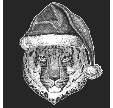 Vahşi kedi, leopar, Panter Noel, yeni yıl kutlama. Noel Baba kış şapka. Xmas headdress.