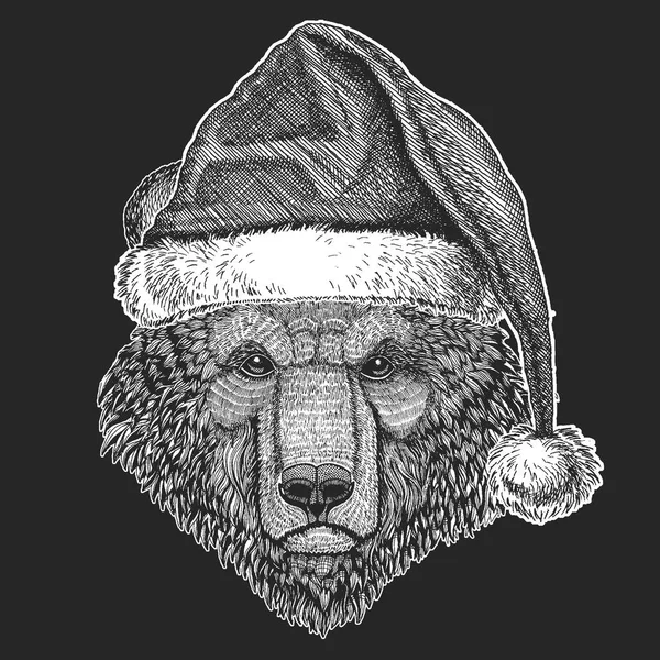 Медвежье Рождество, празднование Нового года. Зимняя шляпа Санта Клауса. Рождественский головной убор . — стоковый вектор