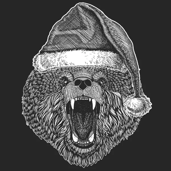 Urso de Natal, celebração do ano novo. Chapéu de Inverno do Pai Natal. Cobertura para a cabeça . —  Vetores de Stock