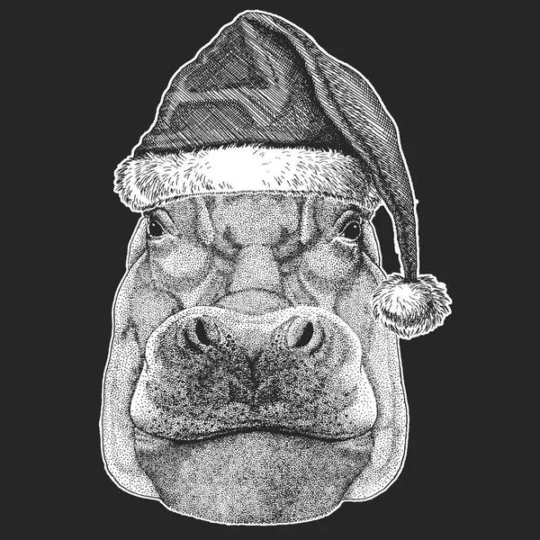 Hippone, Hippopotame, monstre, cheval de rivière Noël, célébration du nouvel an. Chapeau d'hiver du Père Noël. Coiffe de Noël . — Image vectorielle