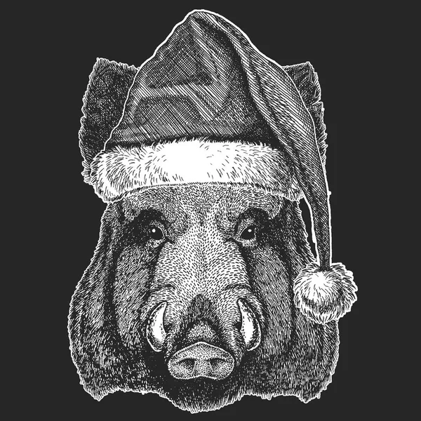 Верный, кабан, кабан, кабан Рождество, празднование Нового года. Зимняя шляпа Санта Клауса. Рождественский головной убор . — стоковый вектор