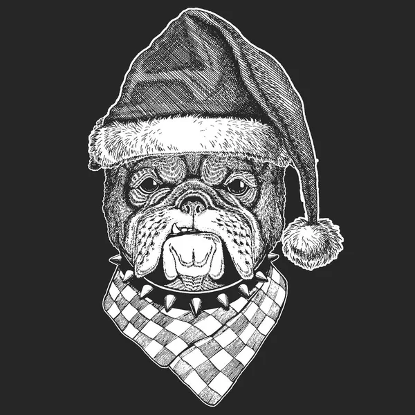 Honden, bulldog. Kerstmis, Nieuwjaar viering. Santa Claus winter muts. Xmas hoofdtooi. — Stockvector