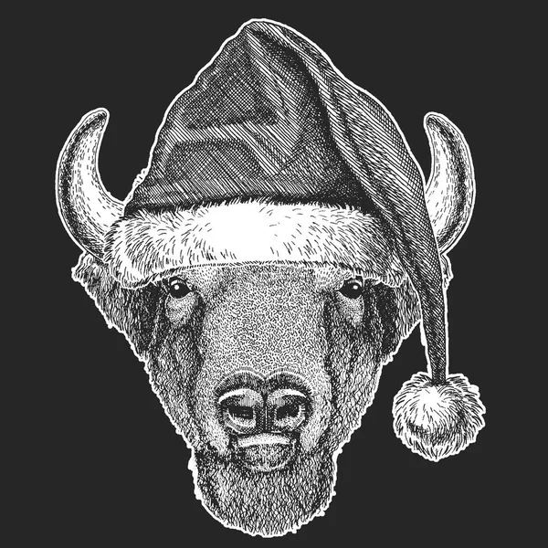 Buffalo, bison, oxe, tjuren jul, nyårsfirande. Santa Claus vintermössa. Xmas huvudbonad. — Stock vektor