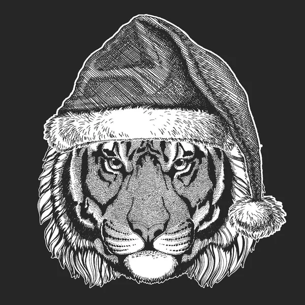 Navidad del tigre, celebración de año nuevo. Sombrero de invierno de Papá Noel. Tocado de Navidad . — Vector de stock