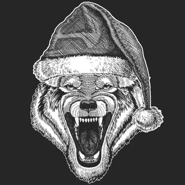 Lobo, Navidad de perros, celebración de año nuevo. Sombrero de invierno de Papá Noel. Tocado de Navidad . — Vector de stock