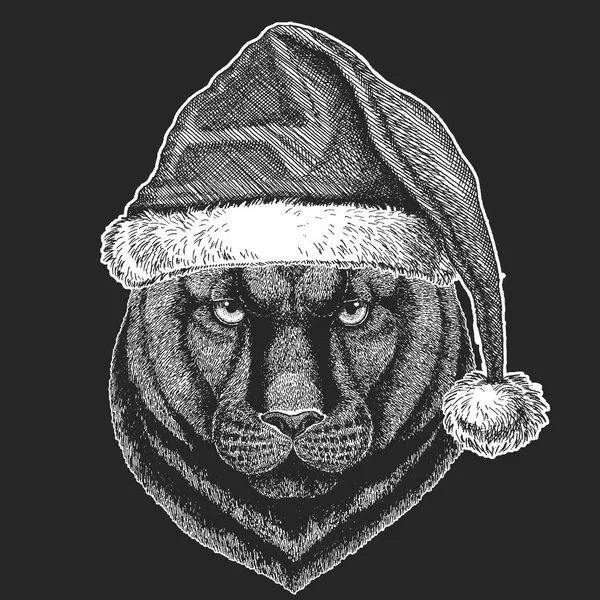 Panther, Puma, Cougar, wilde kat, Kerstmis, Nieuwjaar viering. Santa Claus winter muts. Xmas hoofdtooi. — Stockvector