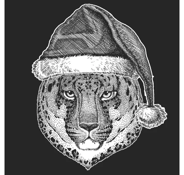 Gato salvaje, leopardo, pantera de Navidad, celebración de año nuevo. Sombrero de invierno de Papá Noel. Tocado de Navidad . — Vector de stock