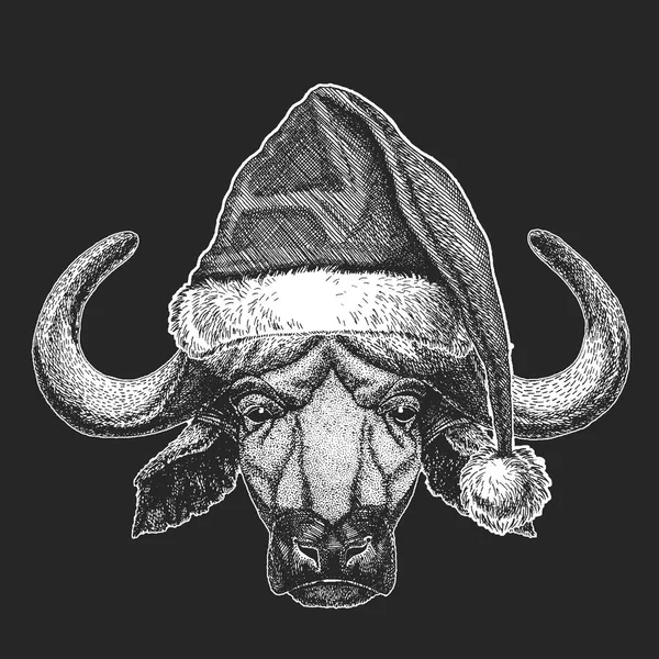 Buffalo, bull, ox jul, nyårsfirande. Santa Claus vintermössa. Xmas huvudbonad. — Stock vektor