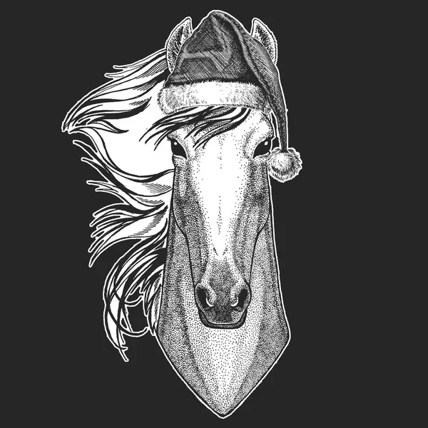 At, hoss, şövalye, at, Adiyat Noel, yeni yıl kutlama. Noel Baba kış şapka. Xmas headdress.