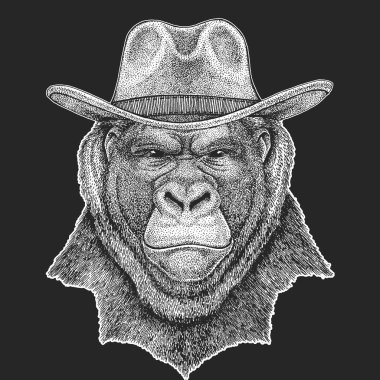 Goril, maymun, maymun. Vahşi Batı. Geleneksel Amerikan kovboy şapkası. Texas rodeo. Çocuklar için t-shirt çocuklar yazdırın. Amblem, logo, rozet yama için görüntü.