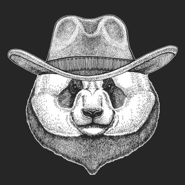 Bambu ayı panda. Vahşi Batı. Geleneksel Amerikan kovboy şapkası. Texas rodeo. Çocuklar için t-shirt çocuklar yazdırın. Amblem, logo, rozet yama için görüntü.