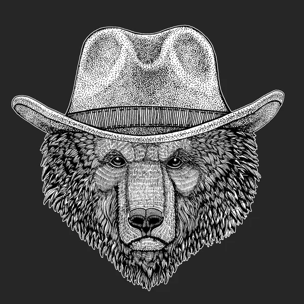Björn. Vilda västern. Traditionell amerikansk cowboy hatt. Texas rodeo. Skriva ut för barn, barn t-shirt. Bild för emblem, badge, logotyp, patch. — Stock vektor