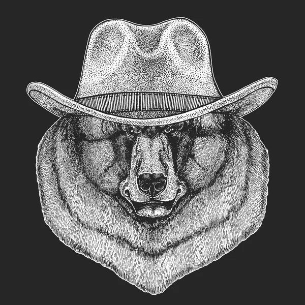 クマ。野生の西。伝統的なアメリカのカウボーイ ハット。テキサスのロデオ。子供のため子供の t シャツを印刷します。画像のエンブレム、バッジ、ロゴ、パッチ. — ストックベクタ